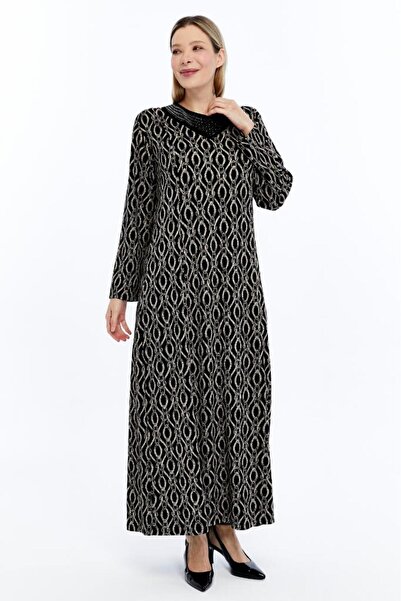 LİKAPA Plus Size Black Beige Chain Pattern Embroidered Collar Long Sleeve Max...