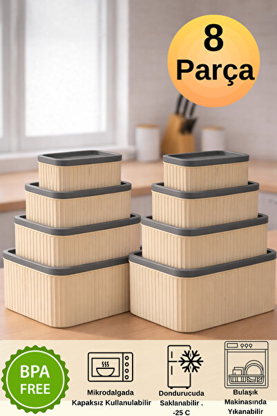 DOVİHOME 8-Piece Striped Rectangular Storage Set Cream |   3L 1.8L 1L 0.55L |...