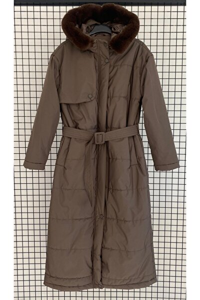 Armine Fur Hooded Zippered Belted Puffer Coat