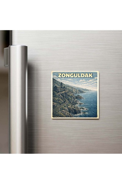 iBerk Mıknatıslı Buzdolap Magneti - Zonguldak Şehri - Pop-Art Travel - 9x9 cm