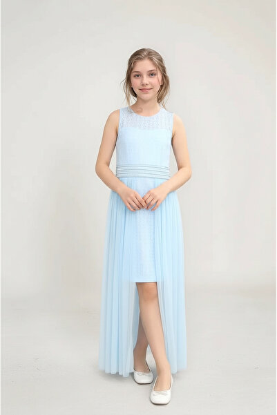 JOGCO Kız Çocuk Açık Mavi Tül Detay Özel Gün Elbisesi - Şık Tasarım