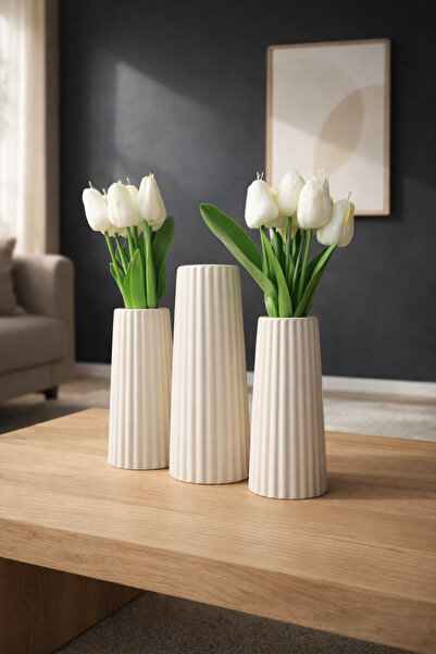 MERAM PRİNT Bohem Modern 3’lü Dekoratif Vazo Seti | Çizgili Silindir Tasarım ...
