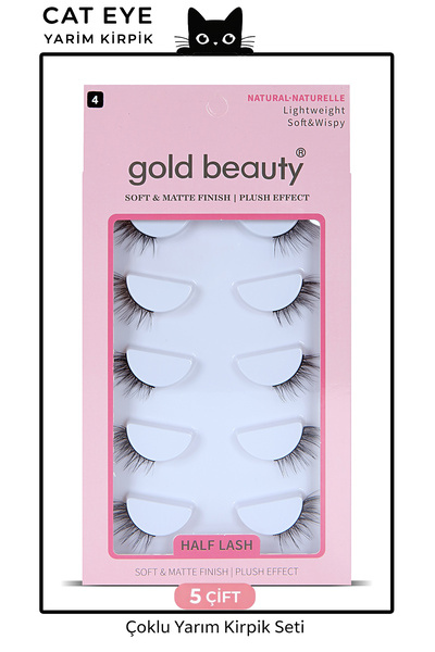 Gold Beauty 5 Çift Doğal Kedi Göz Takma İpek Kirpik Doğal Görünümlü Yarım Kirpik