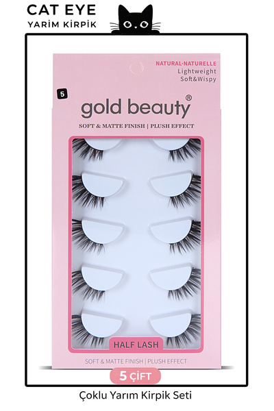 Gold Beauty 5 Çift Doğal Kedi Göz Takma İpek Kirpik Doğal Görünümlü Yarım Kirpik