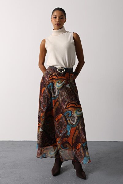 SPICA STORE Gold Kemerli Etnik Desenli Kahverengi Tül Etek