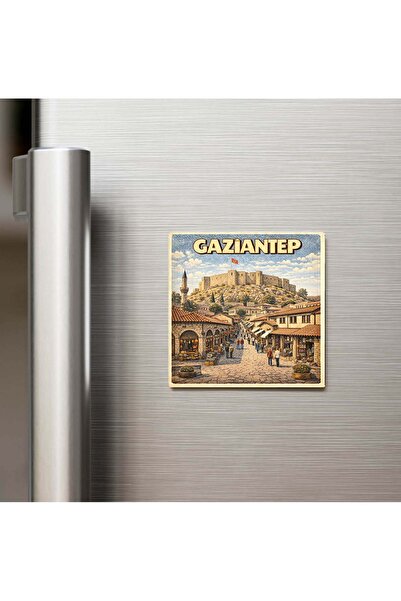 iBerk Gaziantep Şehri - Pop-Art Travel - Baskılı Buzdolap Magneti Kare 9x9 cm