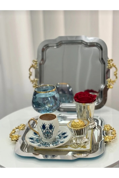 Bereket Home 6 LÜX ROYAL çelik geçmeli kulp kahve sunumu servis tepsisi