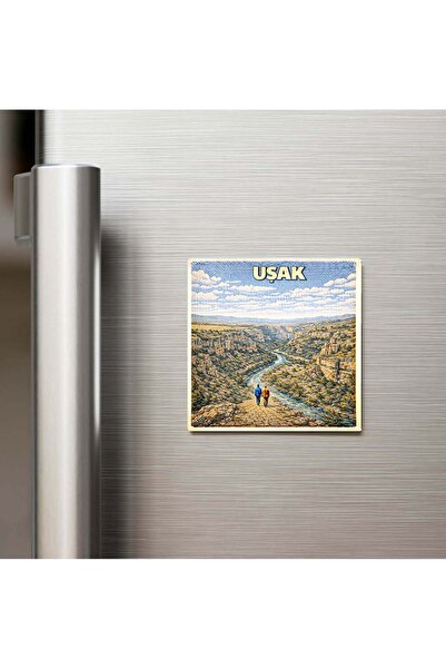 iBerk Mıknatıslı Buzdolap Magneti - Uşak Şehri - Pop-Art Travel - 9x9 cm