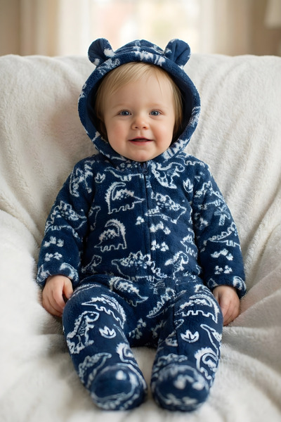 GÜLERBEBECİX Erkek Bebek Welsoft Tulum Kapüşonlu Baskılı Desenli 0-12 Aylık