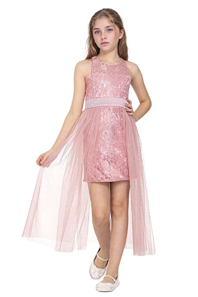 JOGCO Kız Çocuk Pudra Pembe Tül Detay Özel Gün Elbisesi - Şık Tasarım