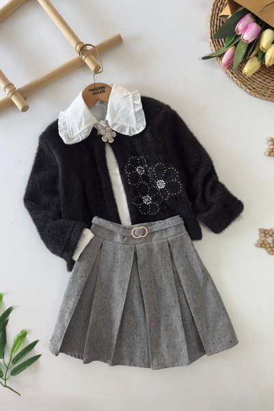 Minigimin Cicileri My Little Girl's Cicileri Floral Stone Embroidered Shirt Collar Pleated Skirt Set - Black