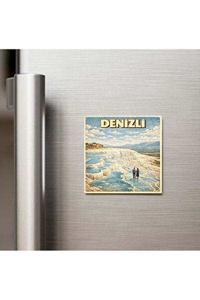 iBerk Mıknatıslı Buzdolap Magneti - Denizli Şehri - Pop-Art Travel - 9x9 cm