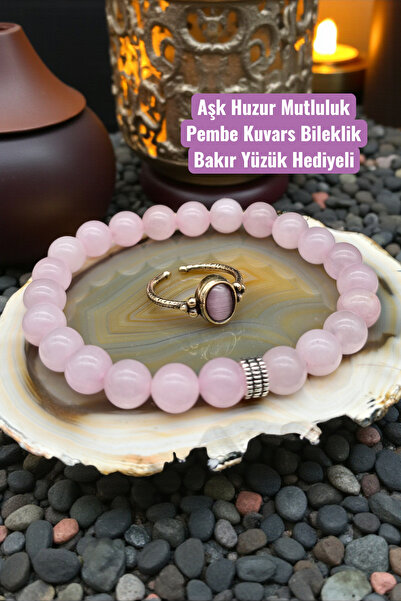 NBS Beautiful Naturel Stones Pink Quartz Love Bracelet with Copper Ring Gift ...
