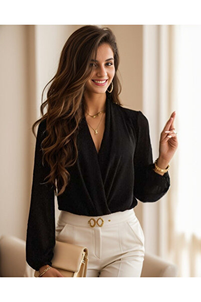 Giyimodam    Women's Long Sleeve Double Breasted Collar Sandy Blouse