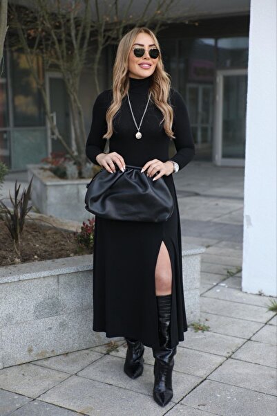 alieva Siyah Yırtmaçlı Triko Maksi Elbise