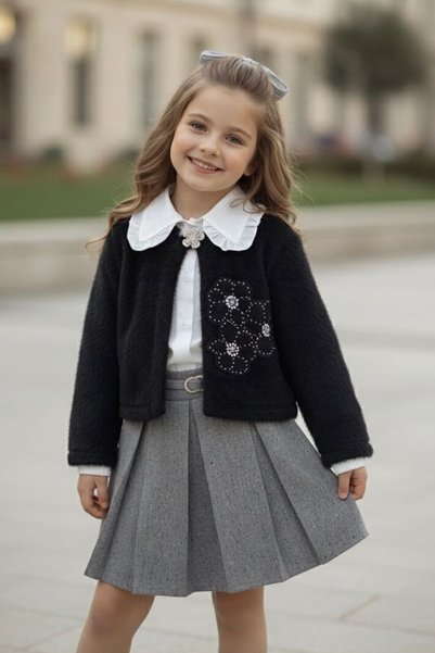 Minigimin Cicileri My Little Girl's Cicileri Floral Stone Embroidered Shirt Collar Pleated Skirt Set - Black