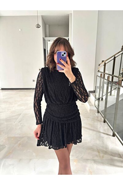 Sude Kızanlıklı Lace Shoulder Pad Piece Black Designer Dress