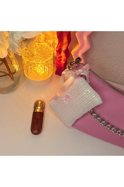 PİNKUE White Sequined Pink Bow Mini Card Holder / Wallet