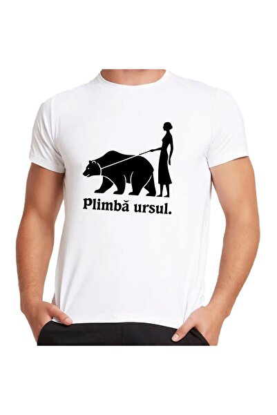 OEM Tricou Alb Unisex funny „Plimba Ursu” – bumbac 100%, imprimeu rezistent