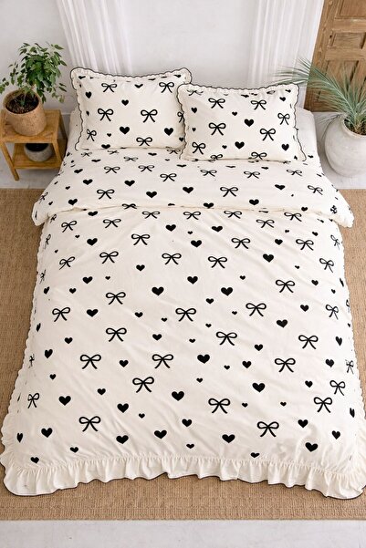 DB Double Duvet Cover Set 100% Cotton Heart and Bow Ornament Overlock Ruffle