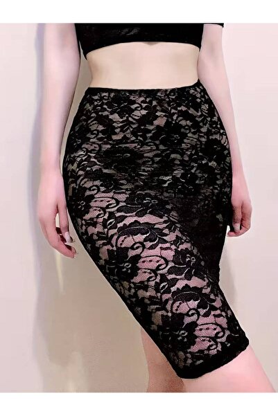 Yenicici Fusta midi din dantelă elastică cu talie înaltă, semi-transparentă, ...
