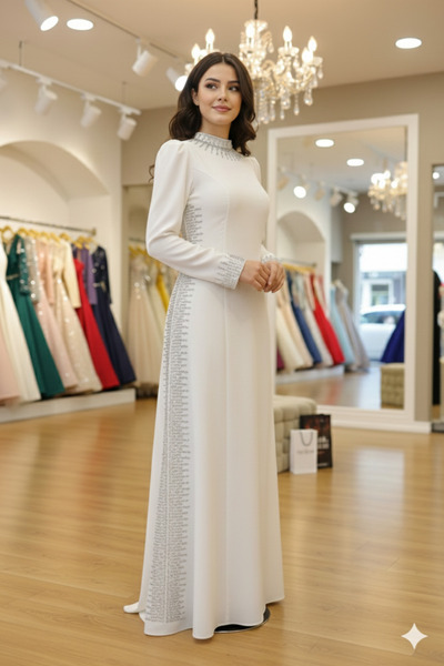 Aynur Tesettür Elegant Evening Dress with Silver Stone Embroidery on the Coll...