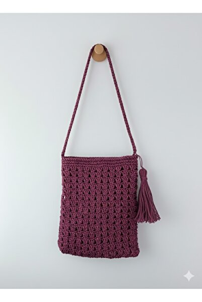 ExeCanta Çapraz Çanta Püsküllü Kağıt İp Örme Bordo 18x21x55