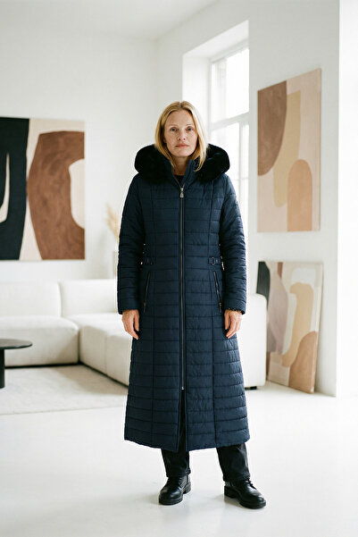 Rain and River Long Hooded Fur-Trimmed Quilted Coat