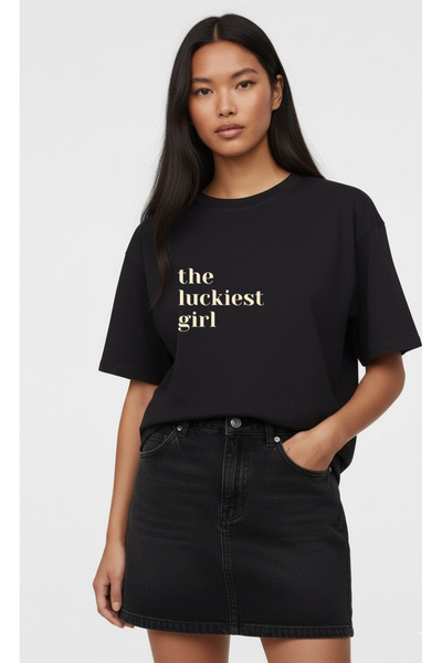 LORVEX The Luckiest Girl Front and Back Printed Oversized Women's Cotton Tshi...