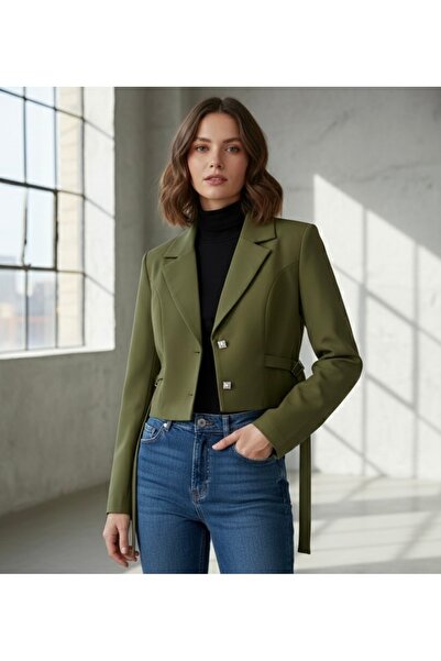 MİLLA Haki Renk Metal Toka Detaylı Crop Blazer Ceket