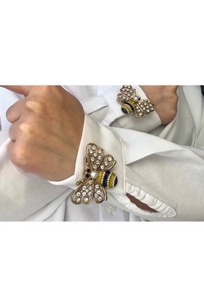 MazeAksesuar Gold Arı Figürlü Kristal Taşlı Düğme Klipsi