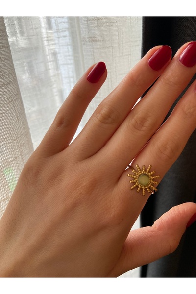 Anetta Jewelry Kadın altın renk doğal yeşil taşlı çelik ayarlanabilir yüzük