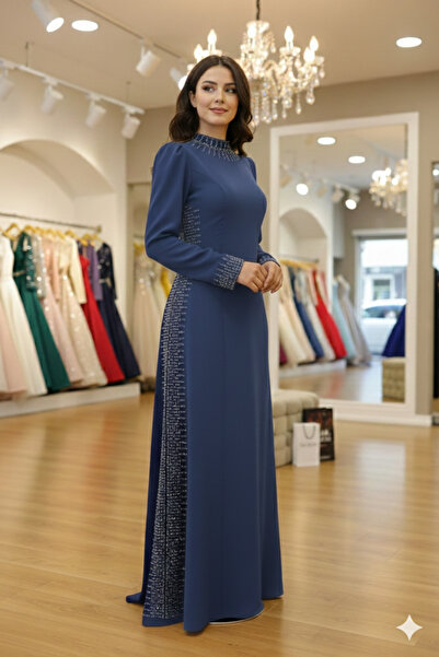 Aynur Tesettür Elegant Evening Dress with Silver Stone Embroidery on the Coll...