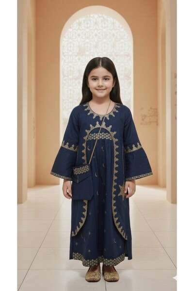 Maison Emarat Girls Gold Embroidered Kaftan Frock with Cross Body Pouch