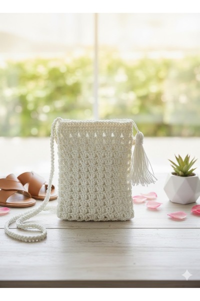 ExeCanta Çapraz Çanta Püsküllü Kağıt İp Örme Beyaz 16x21x55