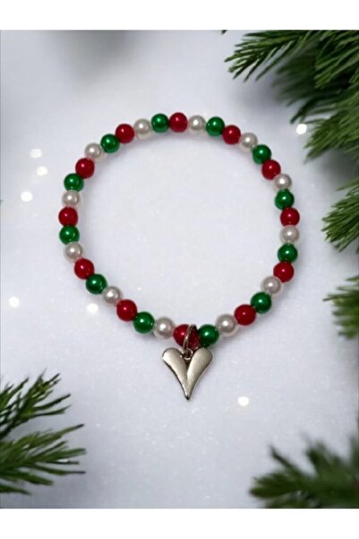 escoines koleksiyon Escoines Heart Detailed Red Green White Pearl Beaded Hand...