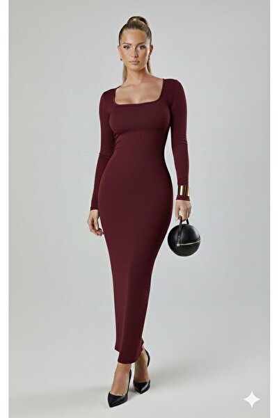 HİMENİSA Women's Square Neck Solid Long Sleeve Long Dress