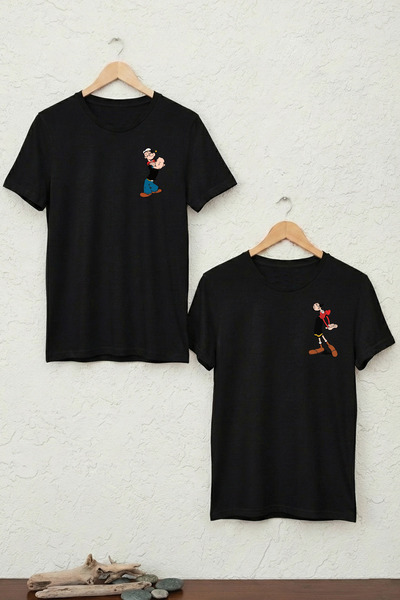 Temel Reis ve Safinaz (Popeye & Olive) Minimal Göğüs Baskılı Sevgili Kombini Çift Tişörtü