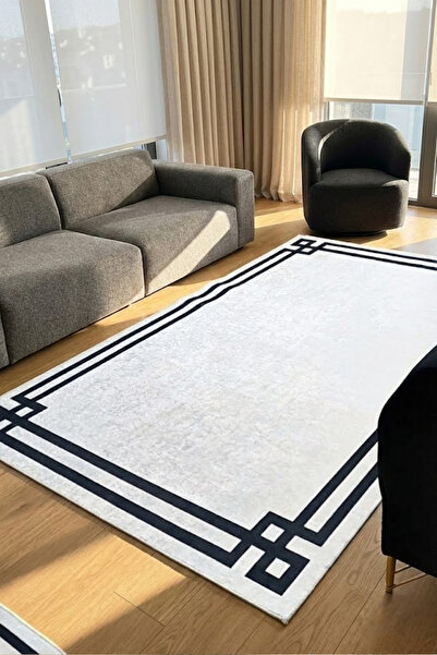 CENTER AVM Beyaz Siyah Halı Salon Halısı Makinede Yıkanabilir Halı Kaymaz Tab...