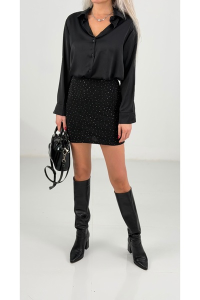 Elvan Güven Siyah Taş Detaylı Mini Kadın Etek