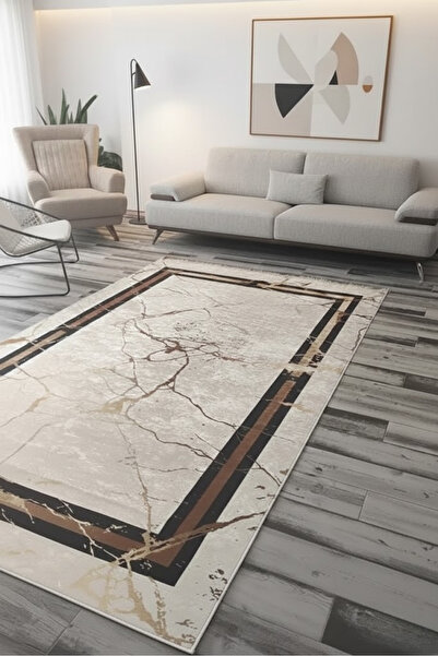 CENTER AVM Beyaz Gold Halı Salon Halısı Makinede Yıkanabilir Halı Kaymaz Taba...