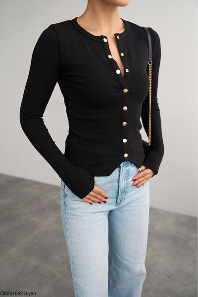 ibeeka Long Sleeve Snap Closure Blouse Gold Detail