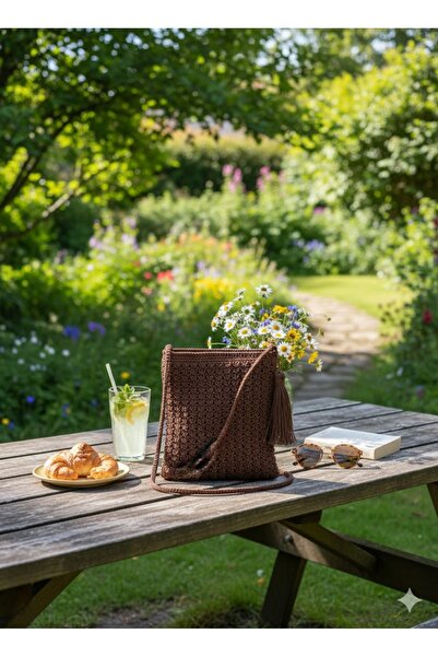 ExeCanta Çapraz Çanta Püsküllü İp Örme Koyu Kahve 18x21x55