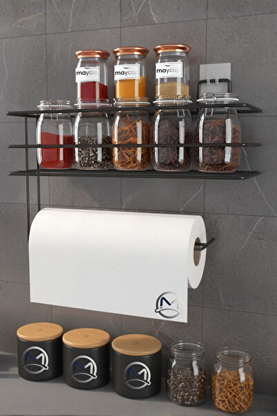 MayCap حامل مناديل ورقية لاصق مع رف، منظم أسود للحمام والمطبخ