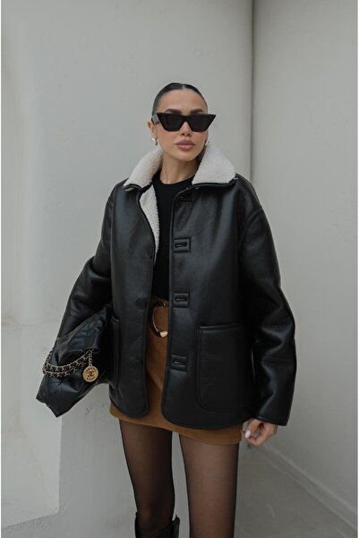 Havoş Black Double-Sided Plush Leather Coat