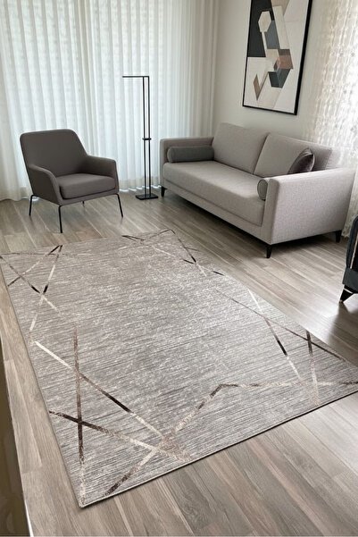 CENTER AVM Gri Halı Salon Halısı Makinede Yıkanabilir Halı Kaymaz Taban Halı