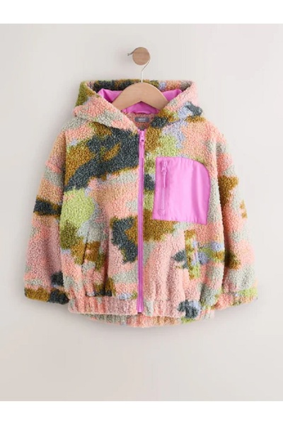 Next Baby قماش بورج فليس ذو نمط تجريدي باللون الوردي/الأخضر مزود بـ بغطاء رأس...