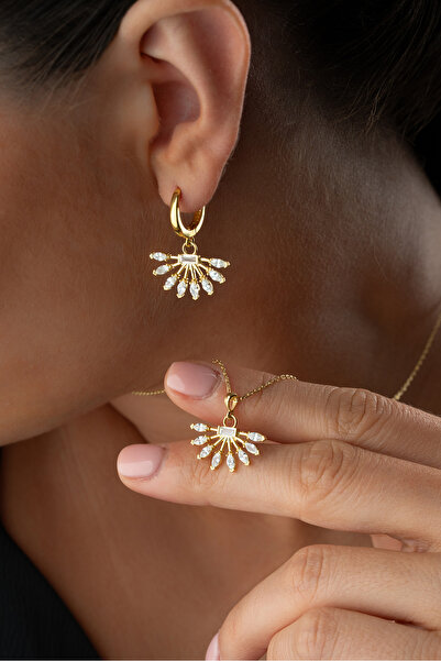 Silvano Jewelry 925 Ayar Gümüş Yelpaze Model Küpe Kolye Set