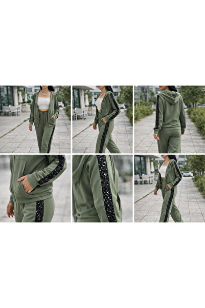 Gugus Women's Tracksuit Set with Hood, Zipper, Loose Legs, Side Stripes, Sequ...