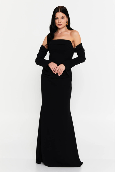 DORİDORCA Women's Strapless Long Evening Dress with Gloves 7145 Black